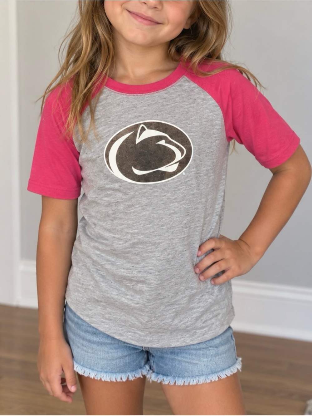 Penn State Girls' Grey & Pink Raglan Logo Tee
